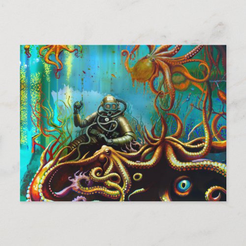 Retro Diver Wearing a Metal Diving Suit Octopus Postcard