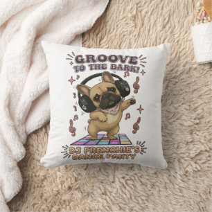 Retro DJ Frenchie Dance Party Graphic Throw Pillow