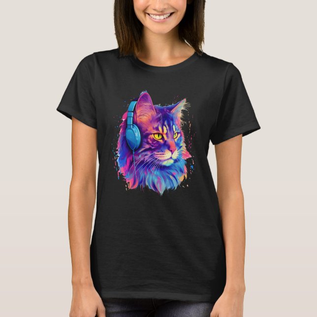 Retro DJ Maine Coon Male Cat Face Headphones Music T-Shirt (Front)