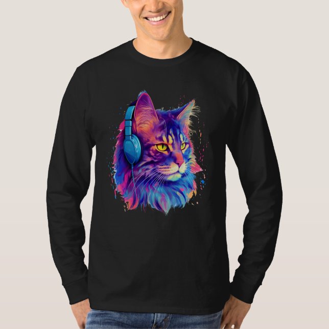 Retro DJ Maine Coon Male Cat Face Headphones Music T-Shirt (Front)