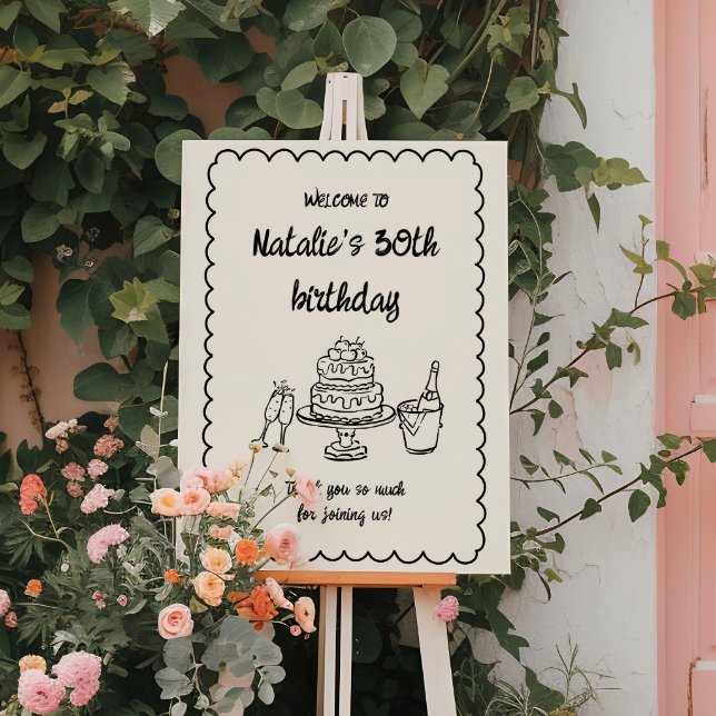 Retro Doddle Cake Champagne 30th Birthday Welcome Foam Board (Creator Uploaded)