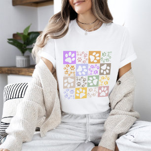 Retro Dog & Cat Paw Checkered  T-Shirt
