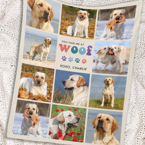 Retro Dog Lover WOOF Custom 11 Pet Photo Collage Fleece Blanket