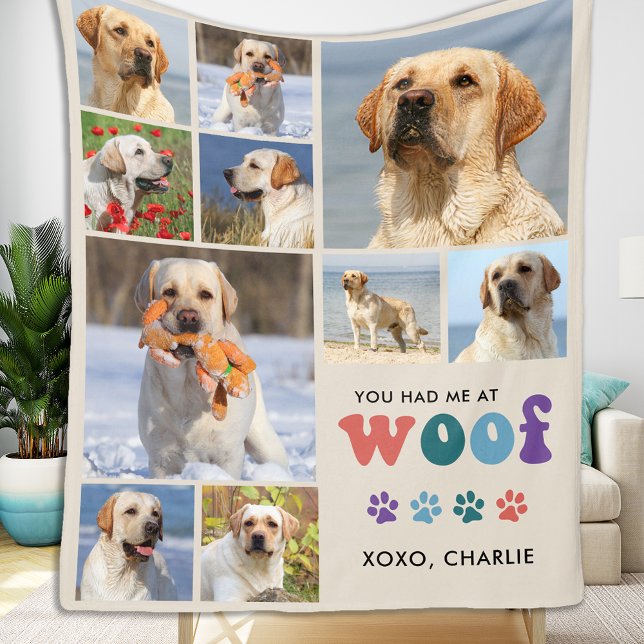 Retro Dog Lover WOOF Custom Pet 11 Photo Collage Fleece Blanket (Creator Uploaded)