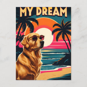 Retro Dog Sunglasses Vintage Sunset Beach Announcement Postcard