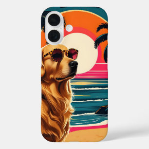 Retro Dog Sunglasses Vintage Sunset Beach  iPhone 16 Case
