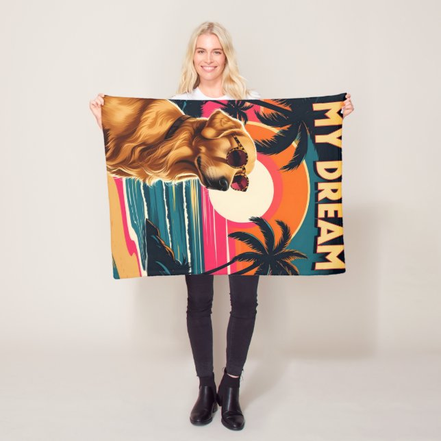 Retro Dog Sunglasses Vintage Sunset Beach  Fleece Blanket (In Situ)