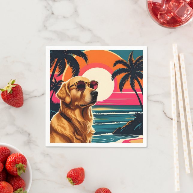 Retro Dog Sunglasses Vintage Sunset Beach  Napkins (Insitu)