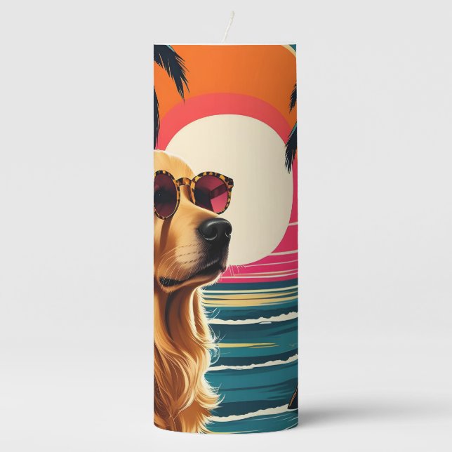 Retro Dog Sunglasses Vintage Sunset Beach  Pillar Candle (Front)