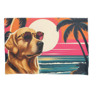 Retro Dog Sunglasses Vintage Sunset Beach  Pillow Case