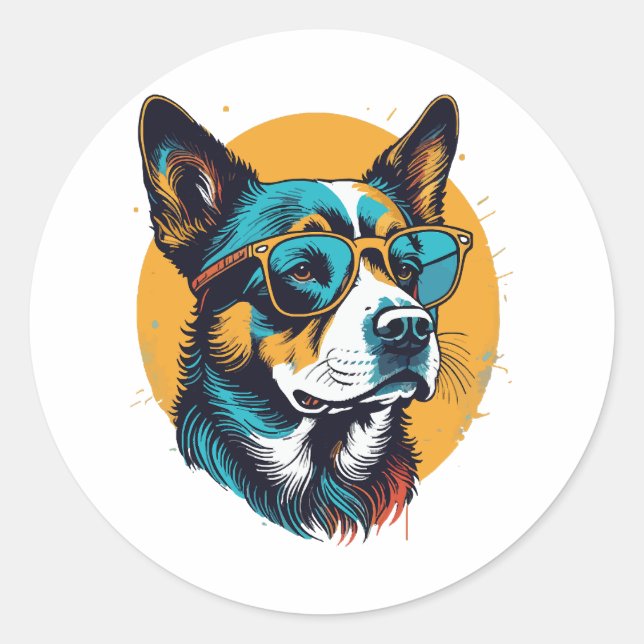 Retro Dog wearing sunglasses Classic Round Sticker (Front)