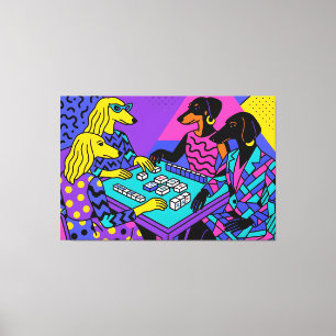 Retro Dogs Playing Mahjong Canvas Print