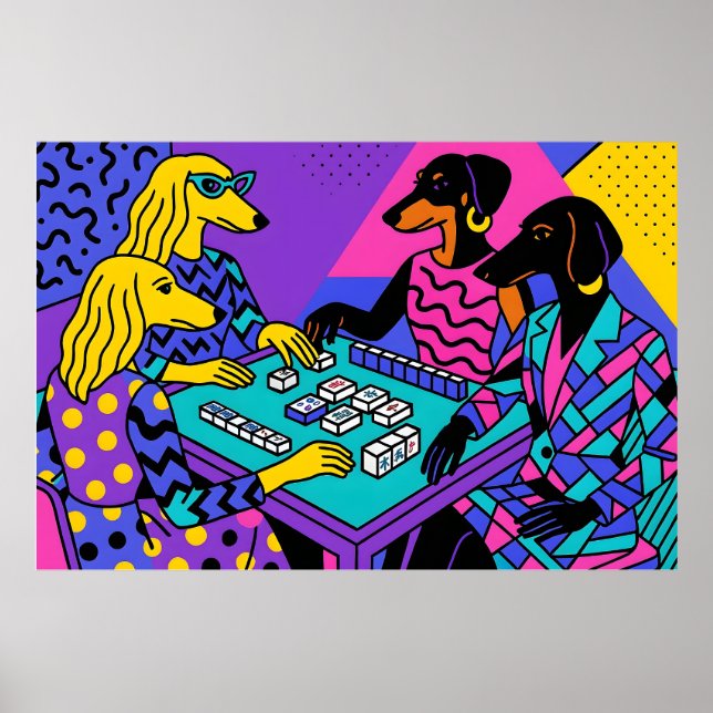 Retro Dogs Playing Mahjong Poster (Front)