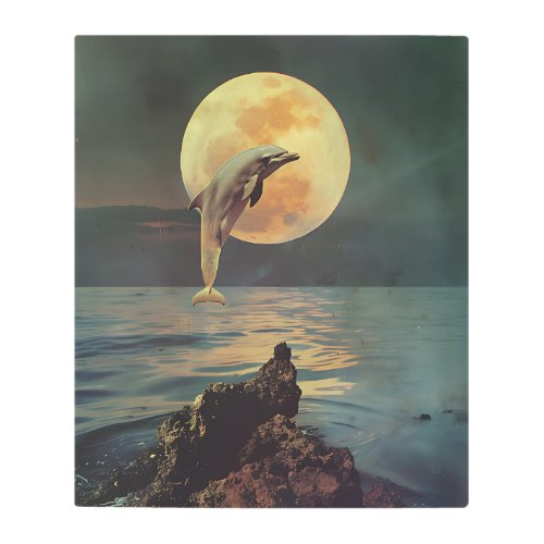 Retro Dolphin jumping Full Moon Metal Print