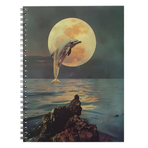 Retro Dolphin jumping Full Moon Notebook