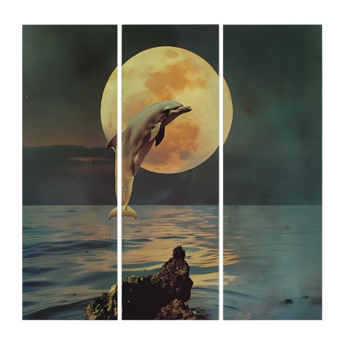 Retro Dolphin jumping Full Moon Triptych