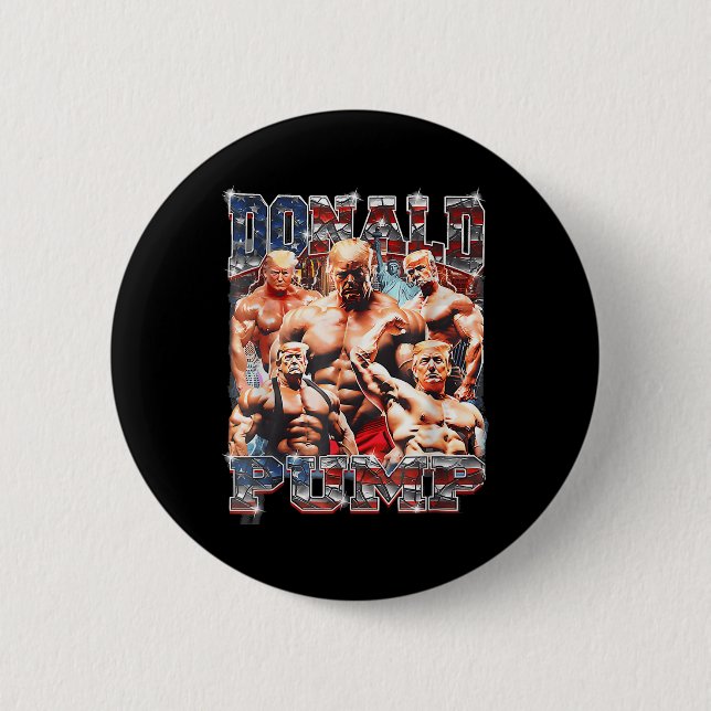 Retro Donald Pump Gym Collage Photo Meme Funny Button (Front)
