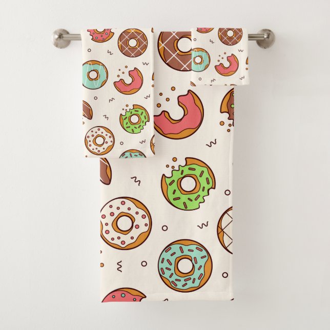 Retro Donut Pattern Cute Colorful Style Bath Towel Set (Insitu)