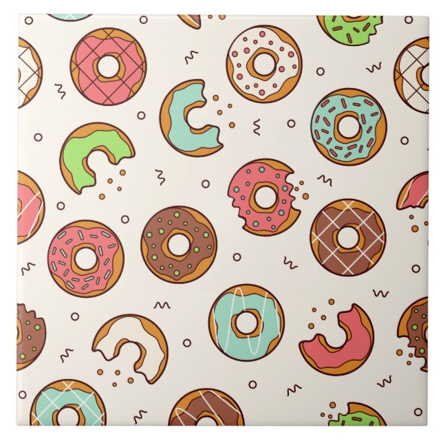 Retro Donut Pattern Cute Colorful Style Ceramic Tile (Front)