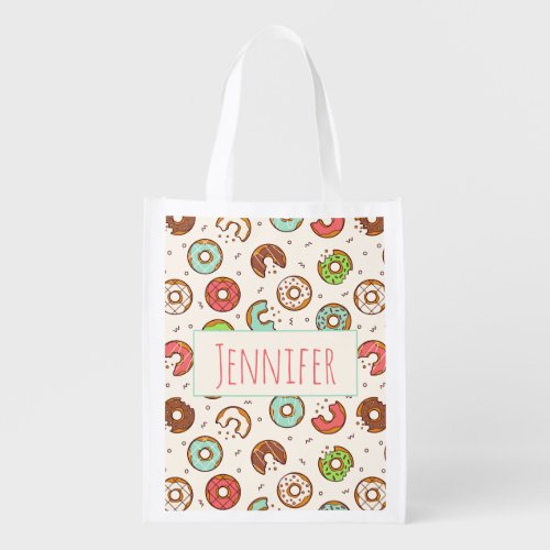 Retro Donut Pattern Cute Colorful Style Grocery Bag
