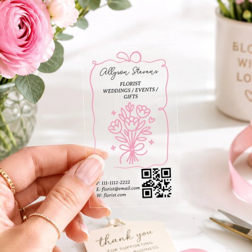 Retro Doodle Florist QR Code Transparent Clear Business Cards