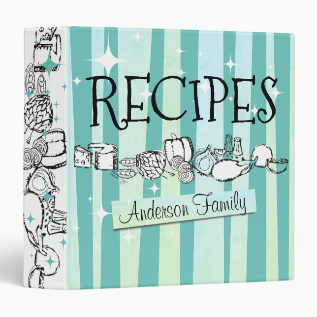 Retro doodle food personalized cookbook recipe 3 ring binder (Front/Spine)