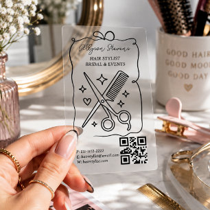 Retro Doodle Hair Stylist QR Code Transparent Clear Business Cards