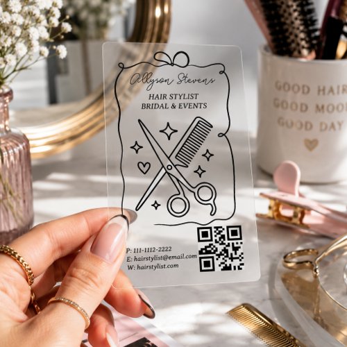 Retro Doodle Hair Stylist QR Code Transparent Clear Business Cards
