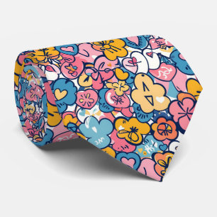 Retro Doodle Hearts Flowers Blue Pink Pattern Neck Tie