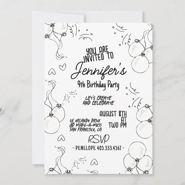 Retro Doodle Modern Hearts & Balloons Birthday Invitation (Front)