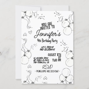 Retro Doodle Modern Hearts & Balloons Birthday Invitation