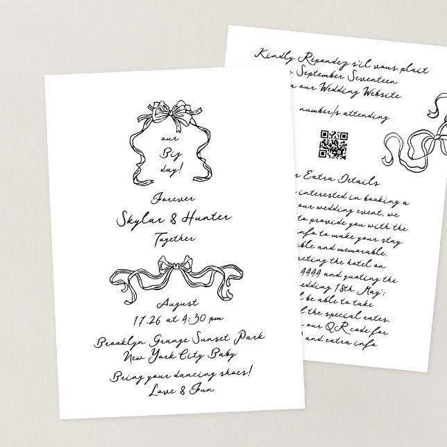 Retro Doodle Ribbon All in One Rsvp Detail Wedding Invitation (Creator Uploaded)