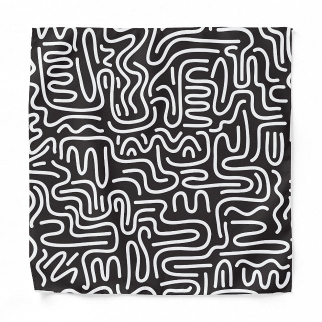 Retro Doodle Wavy Lines: Monochrome Bandana (Front)