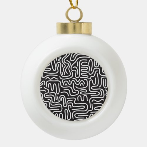 Retro Doodle Wavy Lines Monochrome Ceramic Ball Christmas Ornament