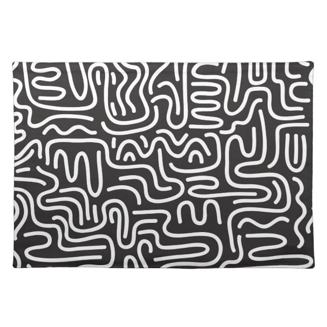 Retro Doodle Wavy Lines: Monochrome Cloth Placemat (Front)