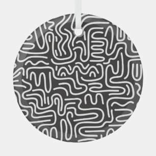 Retro Doodle Wavy Lines: Monochrome Glass Ornament