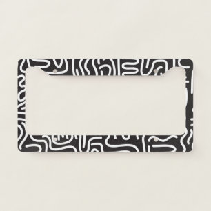 Retro Doodle Wavy Lines: Monochrome License Plate Frame