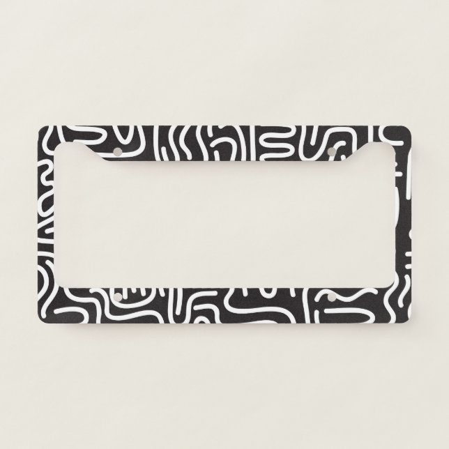 Retro Doodle Wavy Lines: Monochrome License Plate Frame (Front)