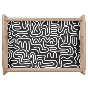 Retro Doodle Wavy Lines: Monochrome Serving Tray