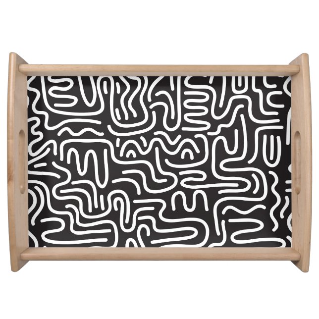 Retro Doodle Wavy Lines: Monochrome Serving Tray (Front)