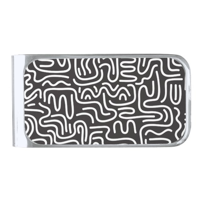 Retro Doodle Wavy Lines: Monochrome Silver Finish Money Clip (Front)