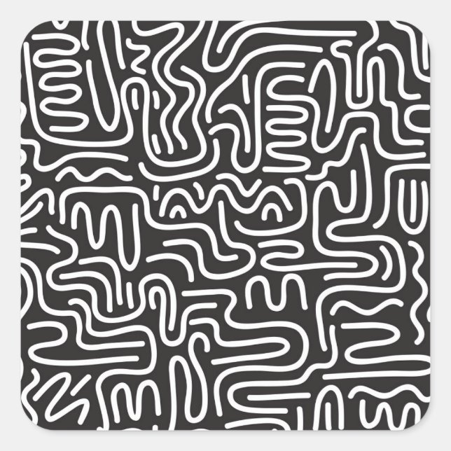 Retro Doodle Wavy Lines: Monochrome Square Sticker (Front)