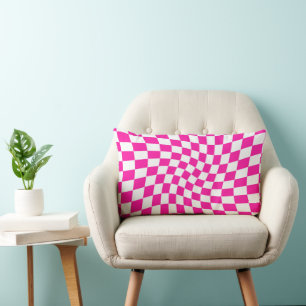 Retro Dorm Hot Pink Warped Checks Checkered  Lumbar Pillow