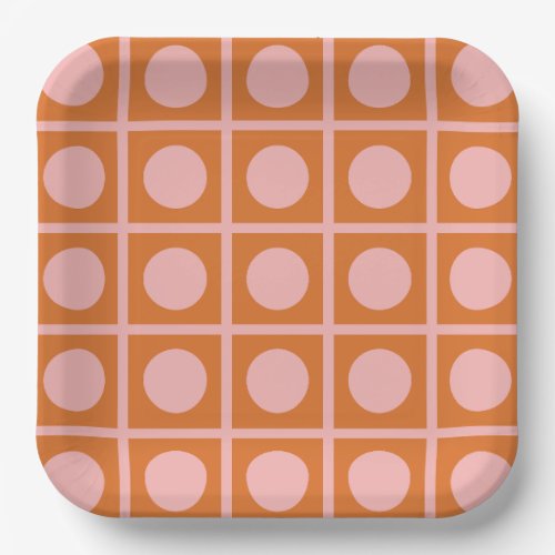 Retro Dot Grid Pink and Orange Pattern Paper Plates