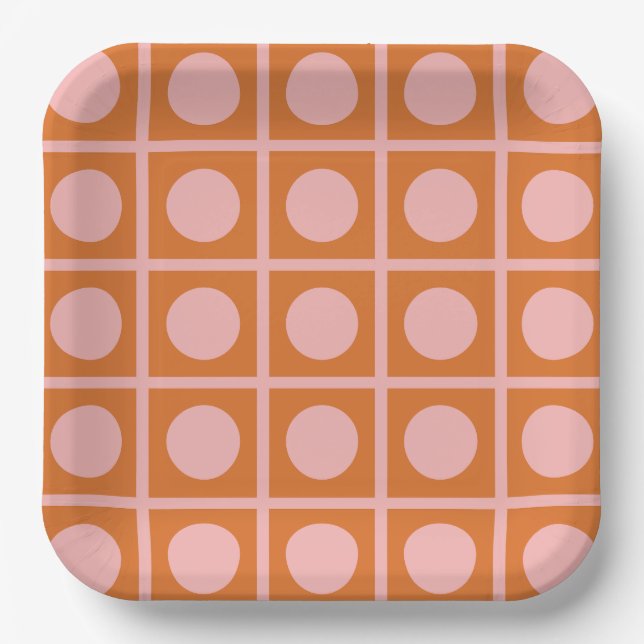 Retro Dot Grid Pink and Orange Pattern Paper Plates (Front)