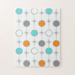 Retro Dots and Starbursts Puzzle<br><div class="desc">This customizable Retro Dots and Starbursts Puzzle design features (Wait for it.) a grid of colorful dots and starbursts. The vintage inspired turquoise; white, grey, and orange dots are separated by kitschy grey starbursts to form a geometric pattern. Customize the background color on this mid century modern product if you're...</div>