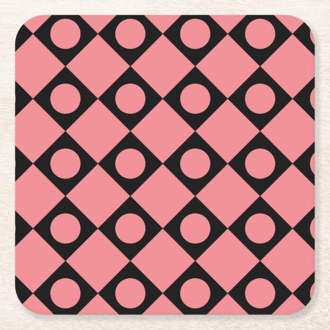 Retro Dots Black Square Paper Coaster (Front)