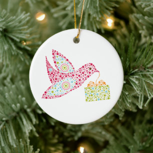 Retro Dots Christmas Bird, Peace Dove Ceramic Ornament