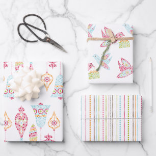 Retro Dots Christmas Birds and Ornaments Wrapping Paper Sheets