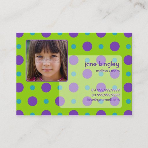 Customizable "Retro Dots" Green &amp; Purple Mommy Business Card